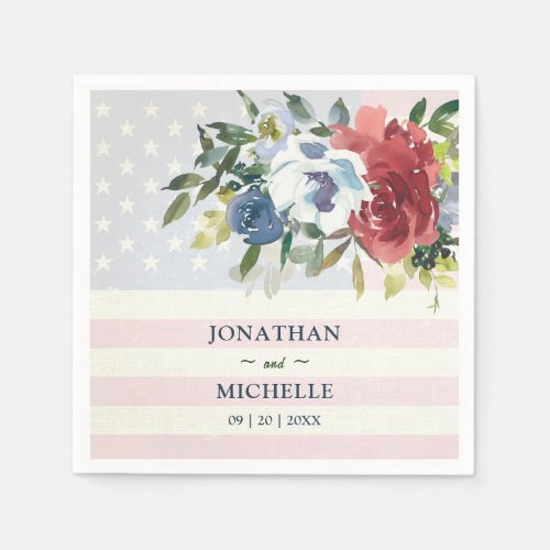 Red White Blue Floral USA Flag Watercolor Wedding Napkins