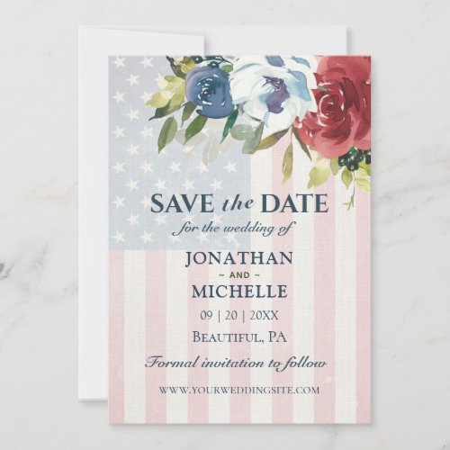Red White Blue Floral USA Flag Watercolor Wedding Save The Date