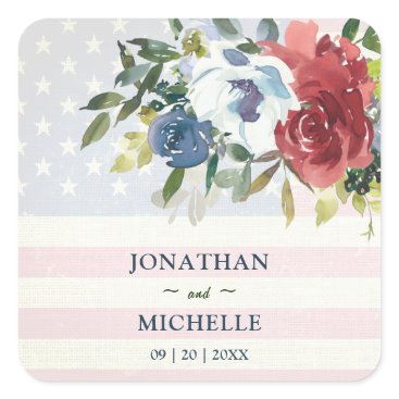 Red White Blue Floral USA Flag Watercolor Wedding Square Sticker Red White Blue Floral USA Flag Watercolor Wedding Square Sticker