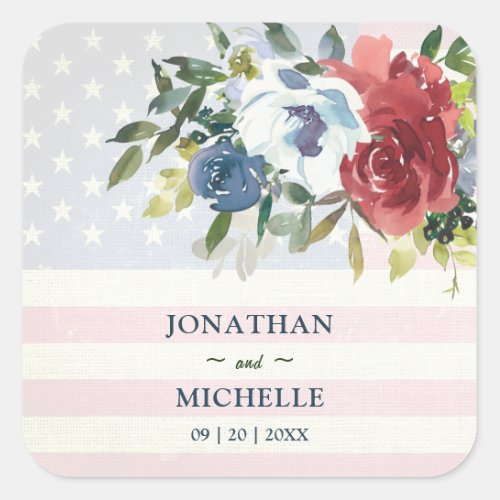 Red White Blue Floral USA Flag Watercolor Wedding Square Sticker