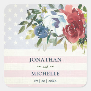 Red White Blue Floral USA Flag Watercolor Wedding Square Sticker