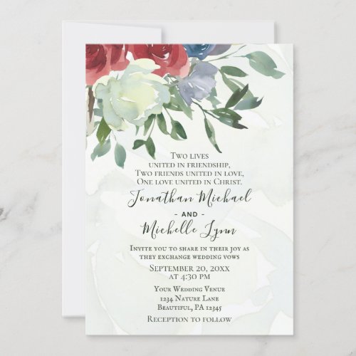 Red White Blue Floral Watercolor Christian Wedding Invitation