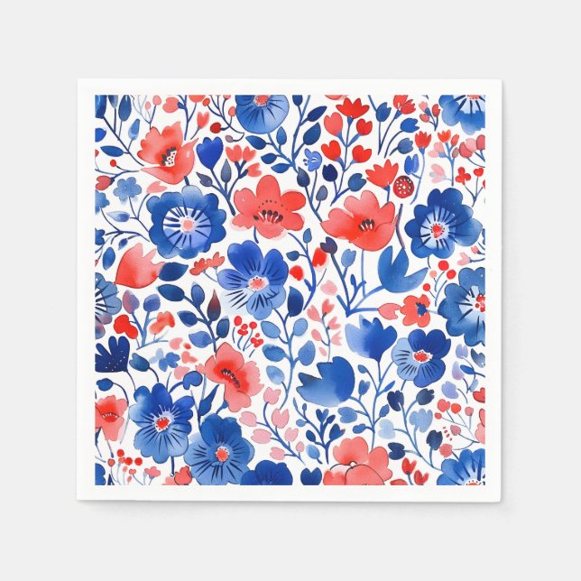 Red, White & Blue Floral Watercolor Entertaining  Napkins (Front)