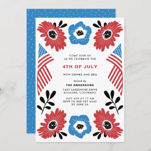 Red White & Blue Florals Fourth of July Invitation - Red White and Blue Florals Fourth of July Invitation. Invite family and friends with this customizable 4th of July invitation featuring the American flag and red, white and blue flowers. This festive invitation is perfect for any Fourth of July celebration theme.