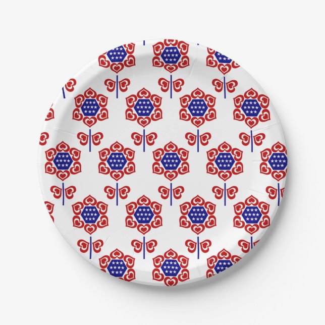 Red White Blue Flower Patriotic Design Paper Plates (Front)