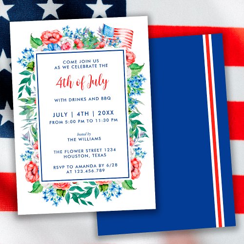 Red White Blue Flowers 4th Of July Party Patriotic Invitation