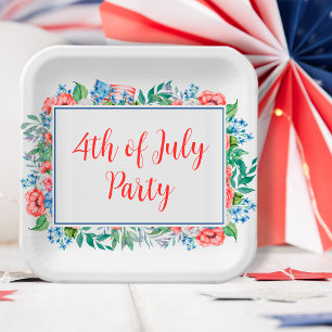Red White Blue Flowers 4th Of July Party Patriotic Paper Plates