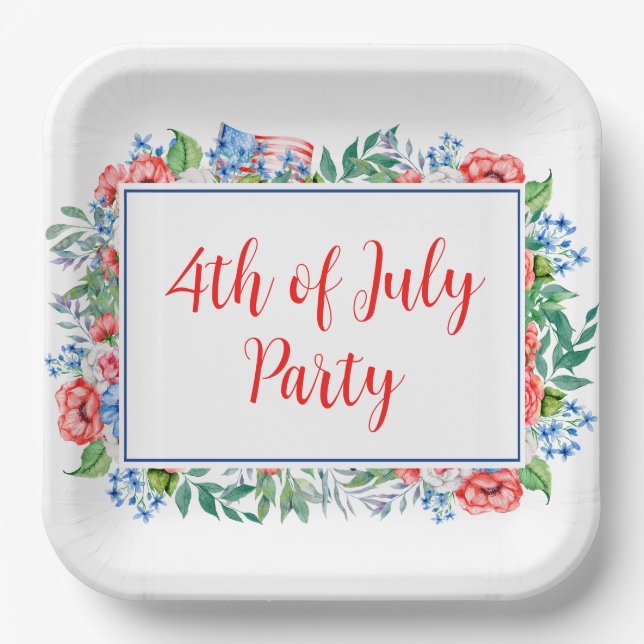 Red White Blue Flowers 4th Of July Party Patriotic Paper Plates (Front)