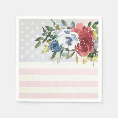 Red White Blue Flowers USA Flag Patriotic Napkins