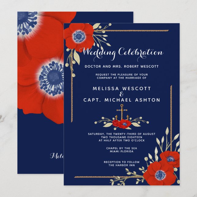 Red White & Blue Formal Anemone Nautical Wedding Invitation (Front/Back)