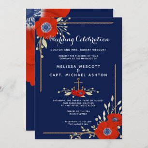 Red White & Blue Formal Anemone Nautical Wedding Invitation