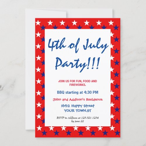 Red White Blue Fourth of JULY  simple STARS  Invitation
