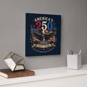 Red White Blue Fourth Of July Square Wall Clock