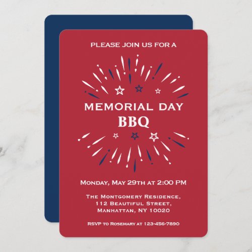 Red White Blue Fun Fireworks Memorial Day BBQ Invitation