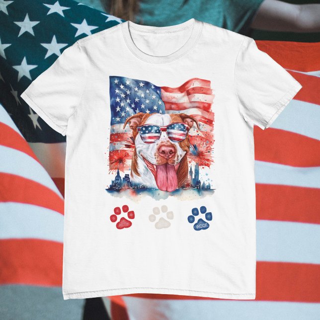 Red White Blue Funny Cream Pitbull Dog 4th of July T-Shirt (Creator Uploaded)