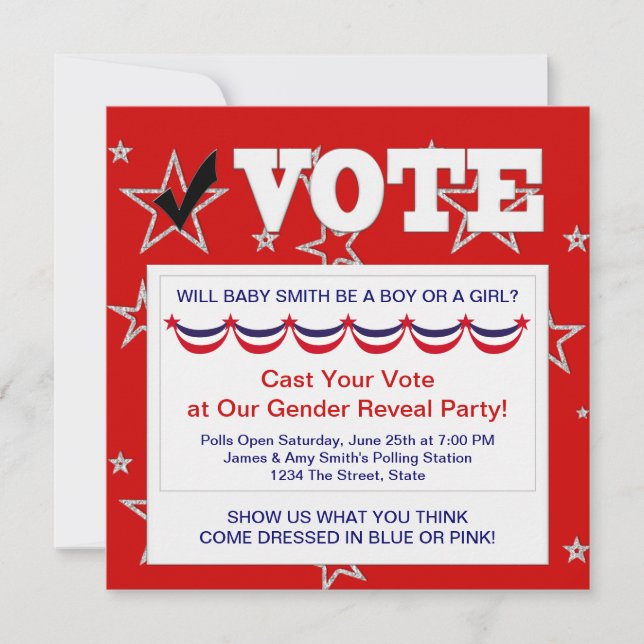 Red White Blue Gender Reveal Party Invitations (Front)