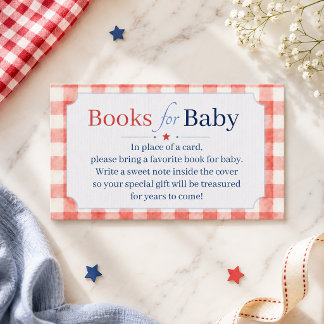 Red White Blue Gingham Books for Baby Shower Enclosure Card