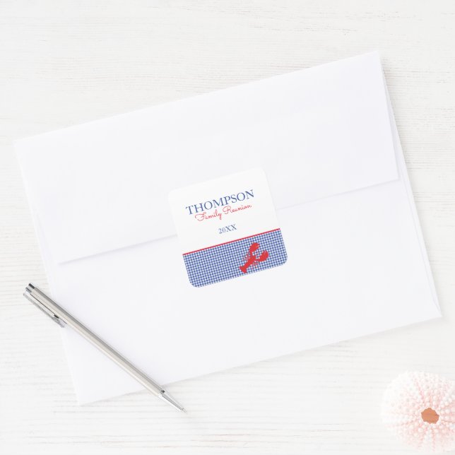 Red White Blue Gingham Preppy Lobster Custom Text Square Sticker (Envelope)