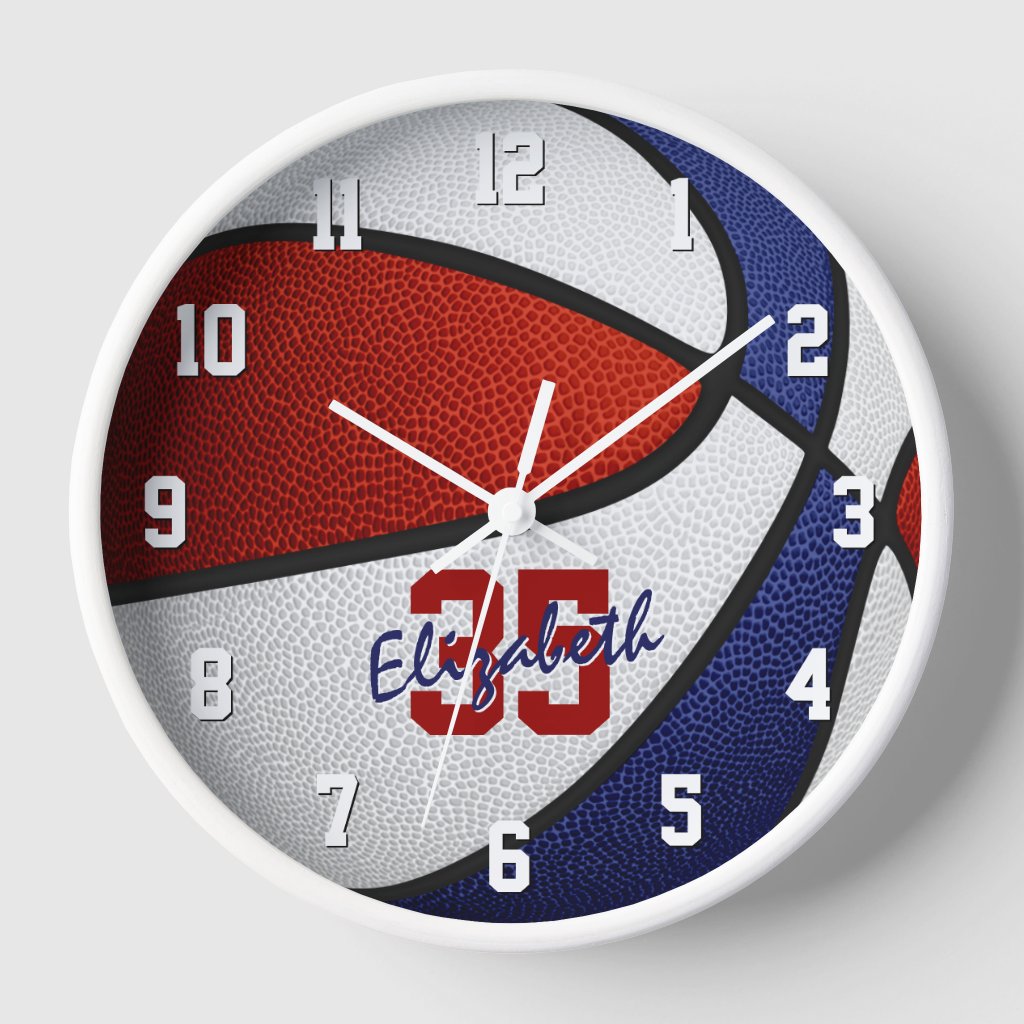 red white blue girls boys basketball personalized round clock