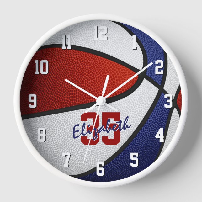 red white blue girls boys basketball personalized clock (Front)