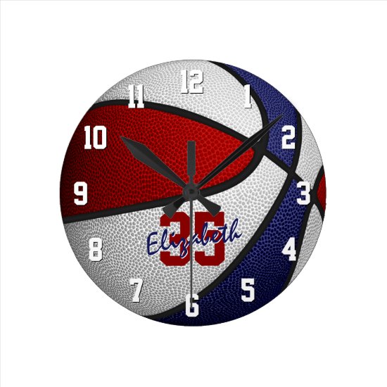 red white blue girls boys basketball personalized round clock