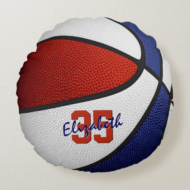red white blue girls boys sporty basketball round pillow (Front)