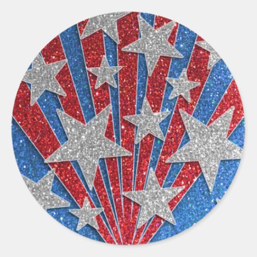 Red White Blue Glitter American Flag Stars Stripes Classic Round Sticker