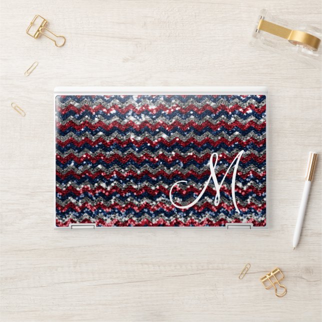 Red White Blue Glitter Chevron Monogram  HP Laptop Skin (Desk)
