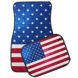 Red White Blue Glitter Patriotic American Flag Car Floor Mat
