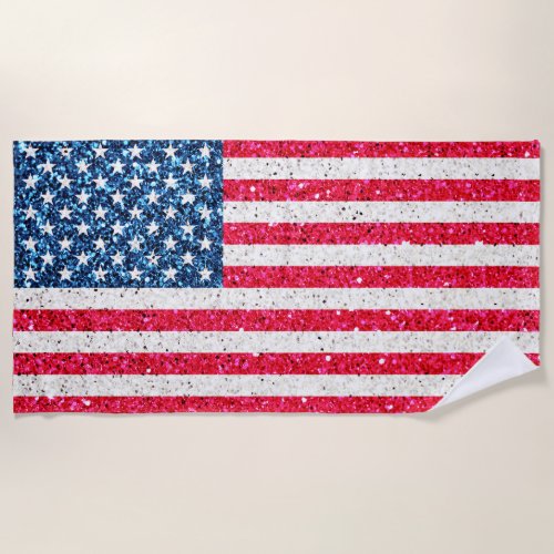 Red White Blue Glitter Patriotic American USA Flag Beach Towel