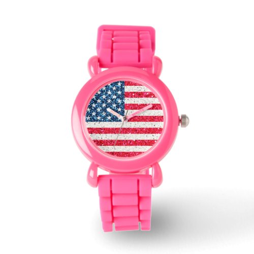 Red White Blue Glitter Patriotic American USA Flag Watch