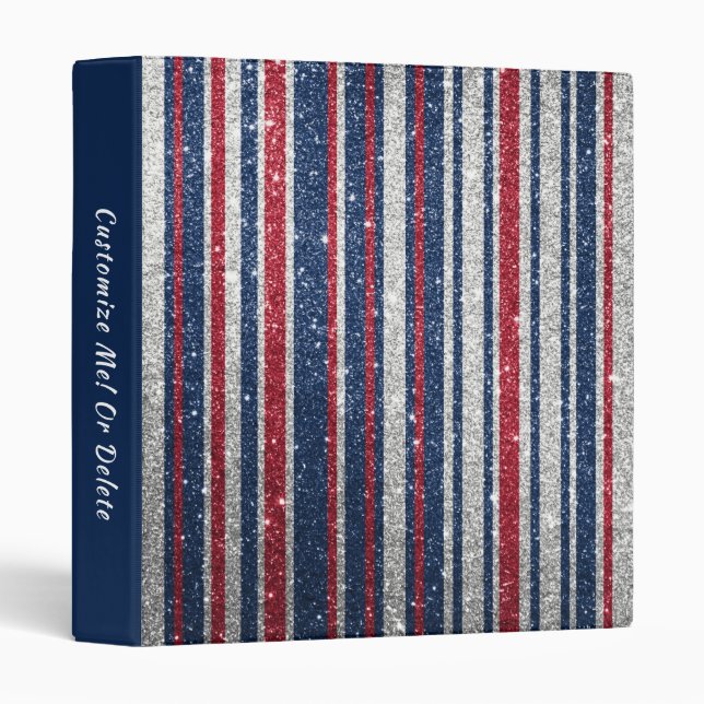 Red White Blue Glitter Stripes Sparkle Glam 3 Ring Binder (Front/Spine)