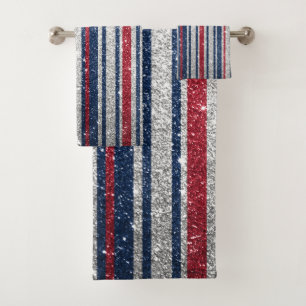 Red White Blue Glitter Stripes Trendy Decor Bath Towel Set