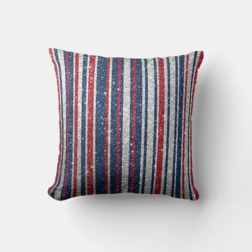 Red White Blue Glitter Stripes Trendy Sparkle Glam Throw Pillow