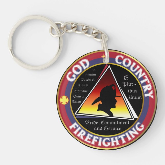 Red White Blue God Country Firefighting Round Logo Keychain (Front)