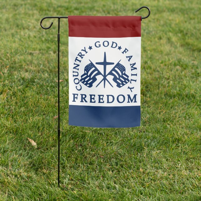 red white blue God Family Country Freedom USA Garden Flag (In SItu)