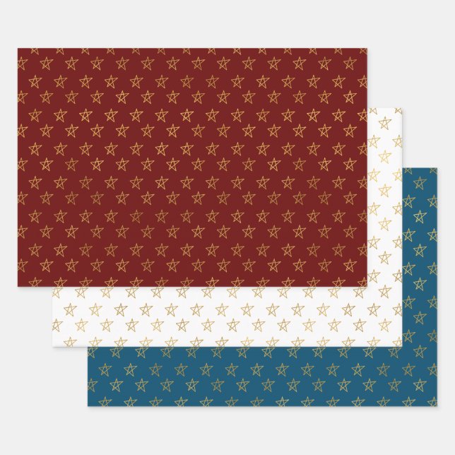 Red White Blue Gold Stars Shine Bright Wrapping Paper Sheets (Set)
