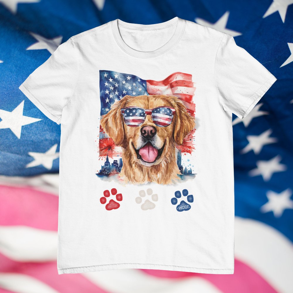 Discover Red White Blue Golden Retriever Dog 4th of July Personalized T-Shirt