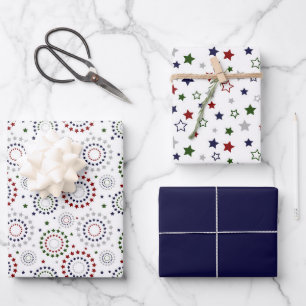 Red White Blue Green Gray Circles Stars Wrapping Paper Sheets
