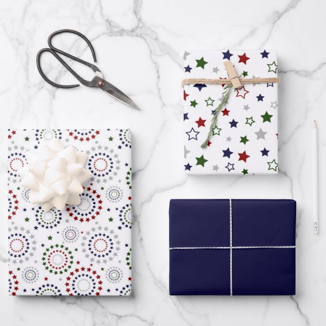 Red White Blue Green Gray Circles Stars Wrapping Paper Sheets (Front)