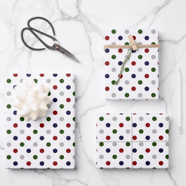 Red White Blue Green Gray Polka Dots Wrapping Paper Sheets (Front)