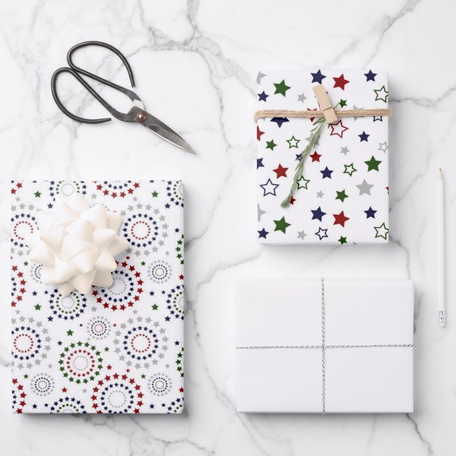 Red White Blue Green Gray Star Circles Wrapping Pa Wrapping Paper Sheets (Front)