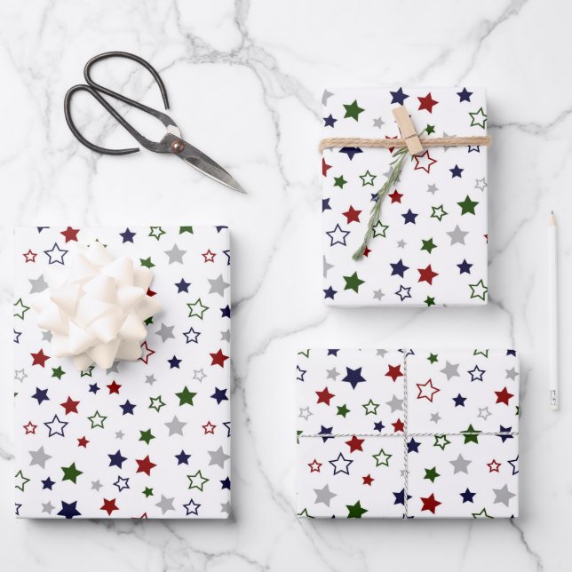 Red White Blue Green Gray Stars Wrapping Paper Sheets (Front)