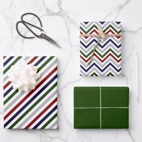 Red White Blue Green Gray Zig Zag Stripes Wrapping Paper Sheets
