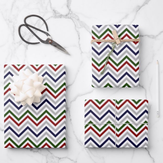 Red White Blue Green Gray Zig Zag Wrapping Paper Sheets (Front)