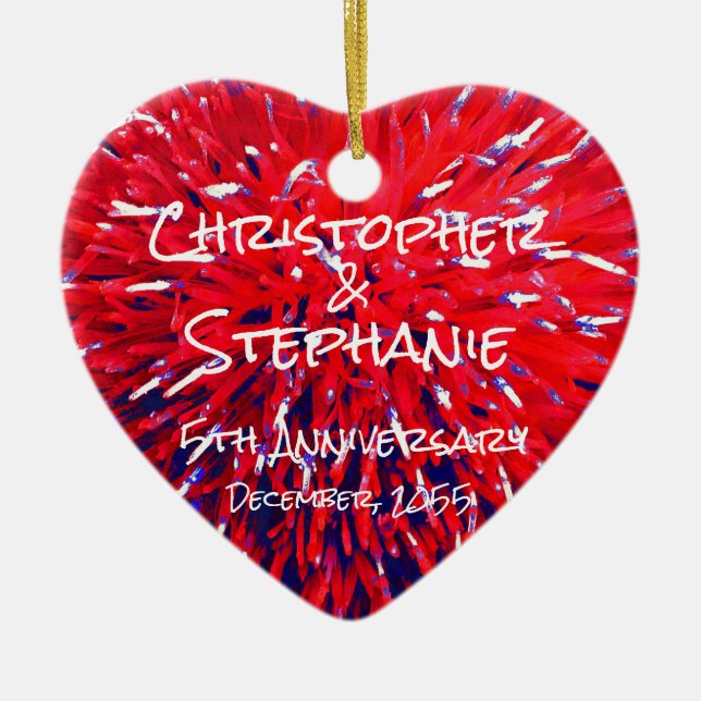 Red White Blue Heart Anniversary Christmas Ceramic Ornament (Front)
