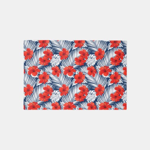 Red White Blue Hibiscus Tropical Floral Pattern  Rug
