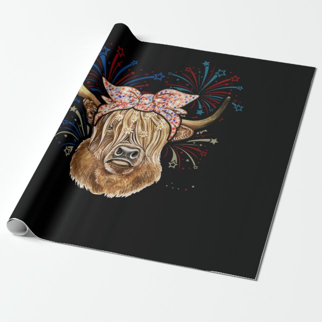 Red White Blue Highland Cow Patriot Bandana USA Wrapping Paper (Unrolled)