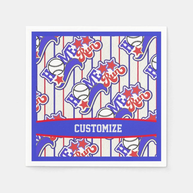 Red White & Blue Home Run Baseball Striped Napkins (Front)