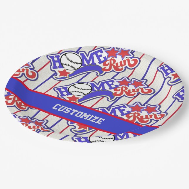 Red White & Blue Home Run Baseball Striped Paper Plates (Angled)